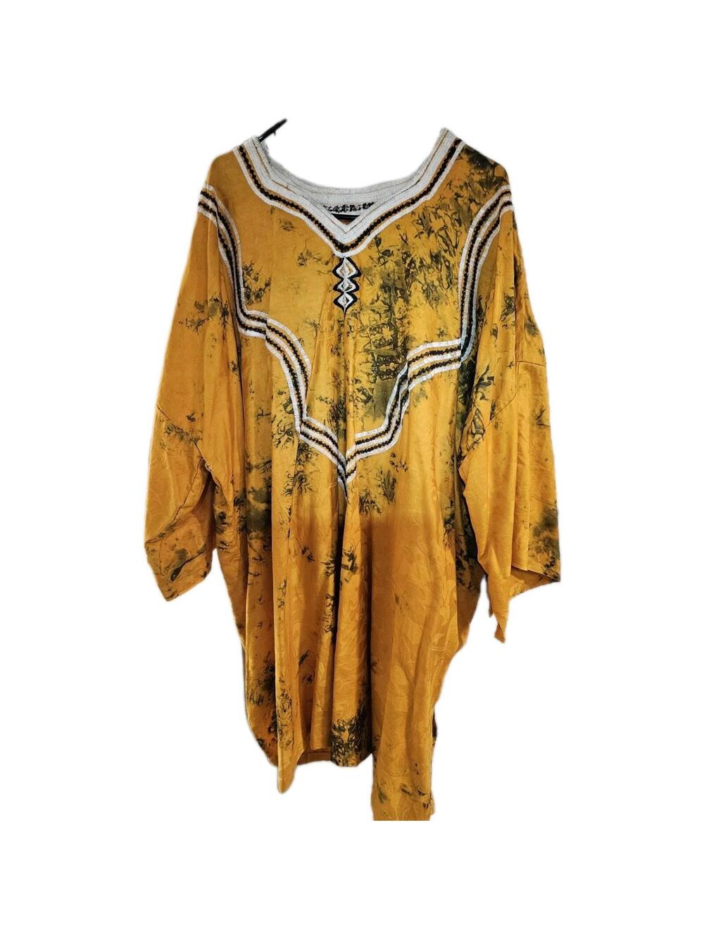 Handmade Dashiki Kaftan Embroidered Thick Cotton Dress Yellow Tie-Dye 1990s OSFA